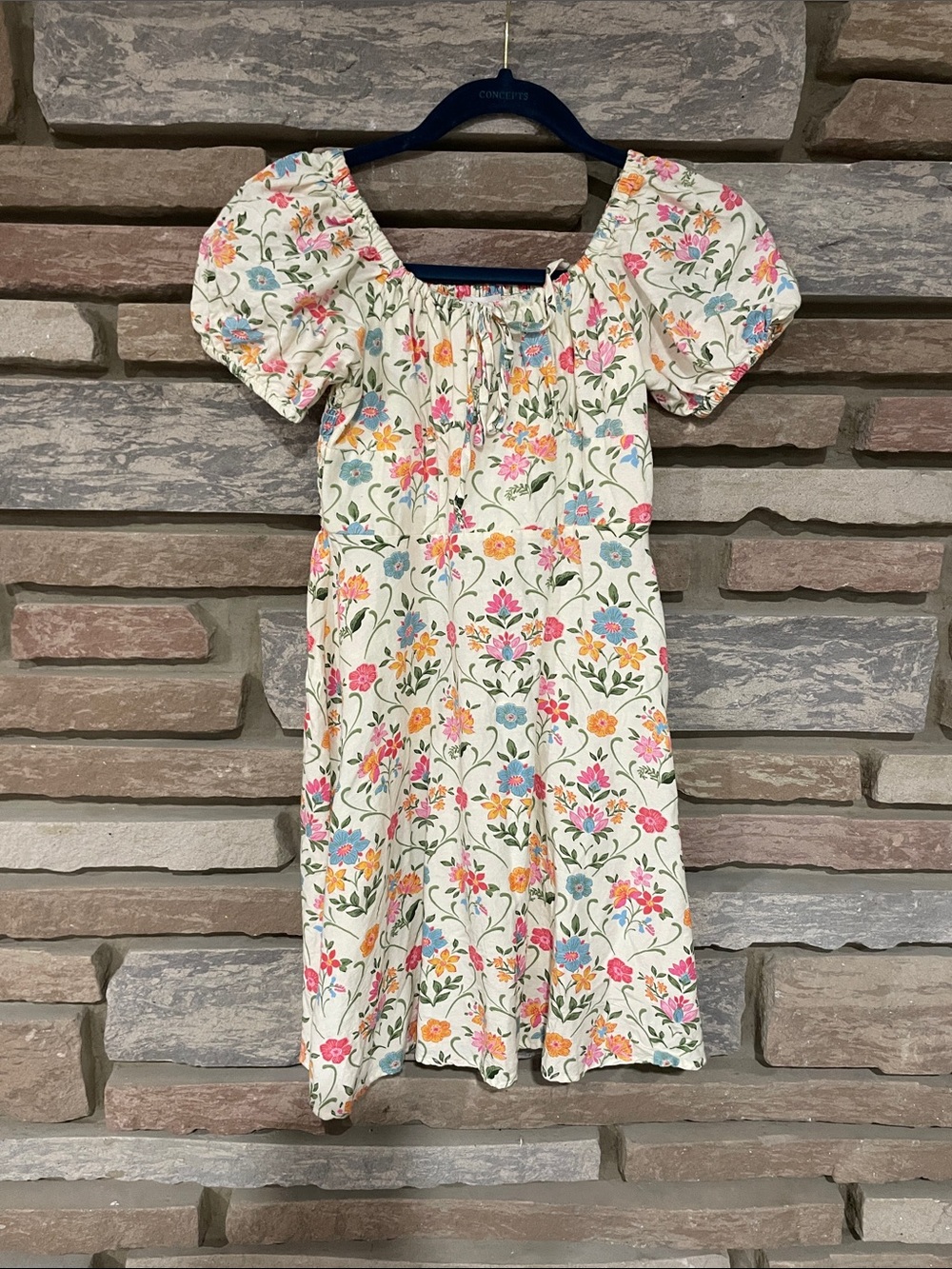 Girls' Cream Floral Puff-Sleeve Summer Dress